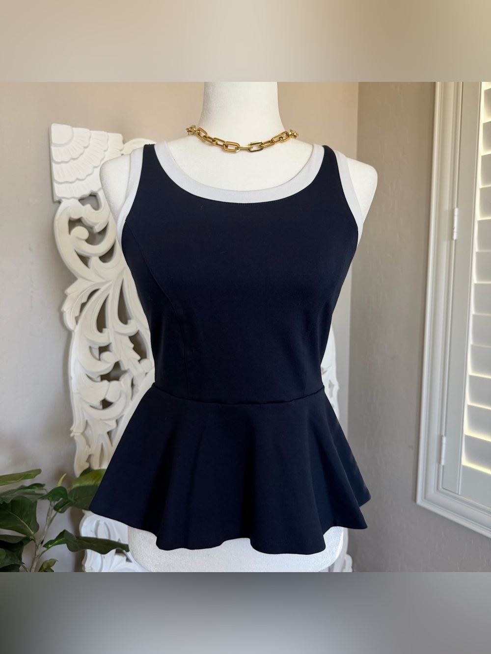 INC International Concepts Navy Sleeveless Peplum Top